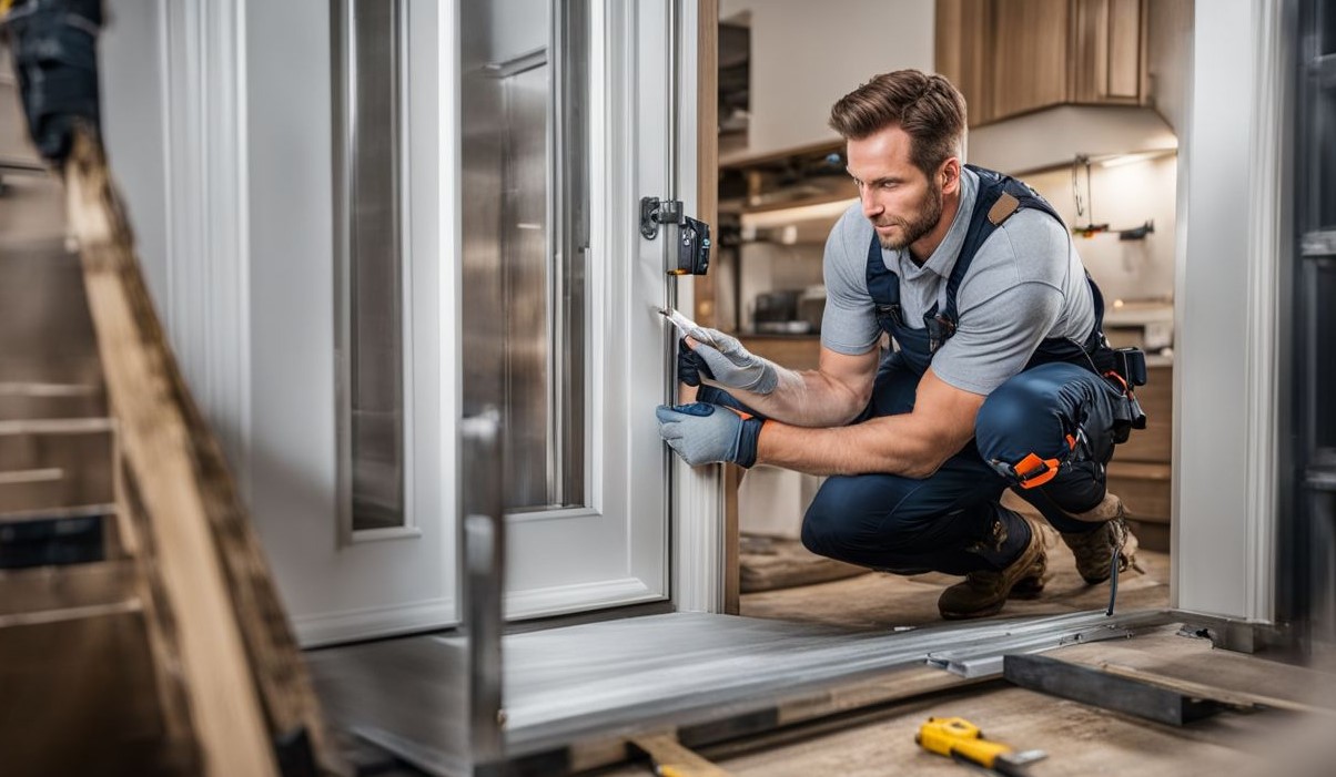 professionele installateur meet en egaliseert een aluminium deurkozijn